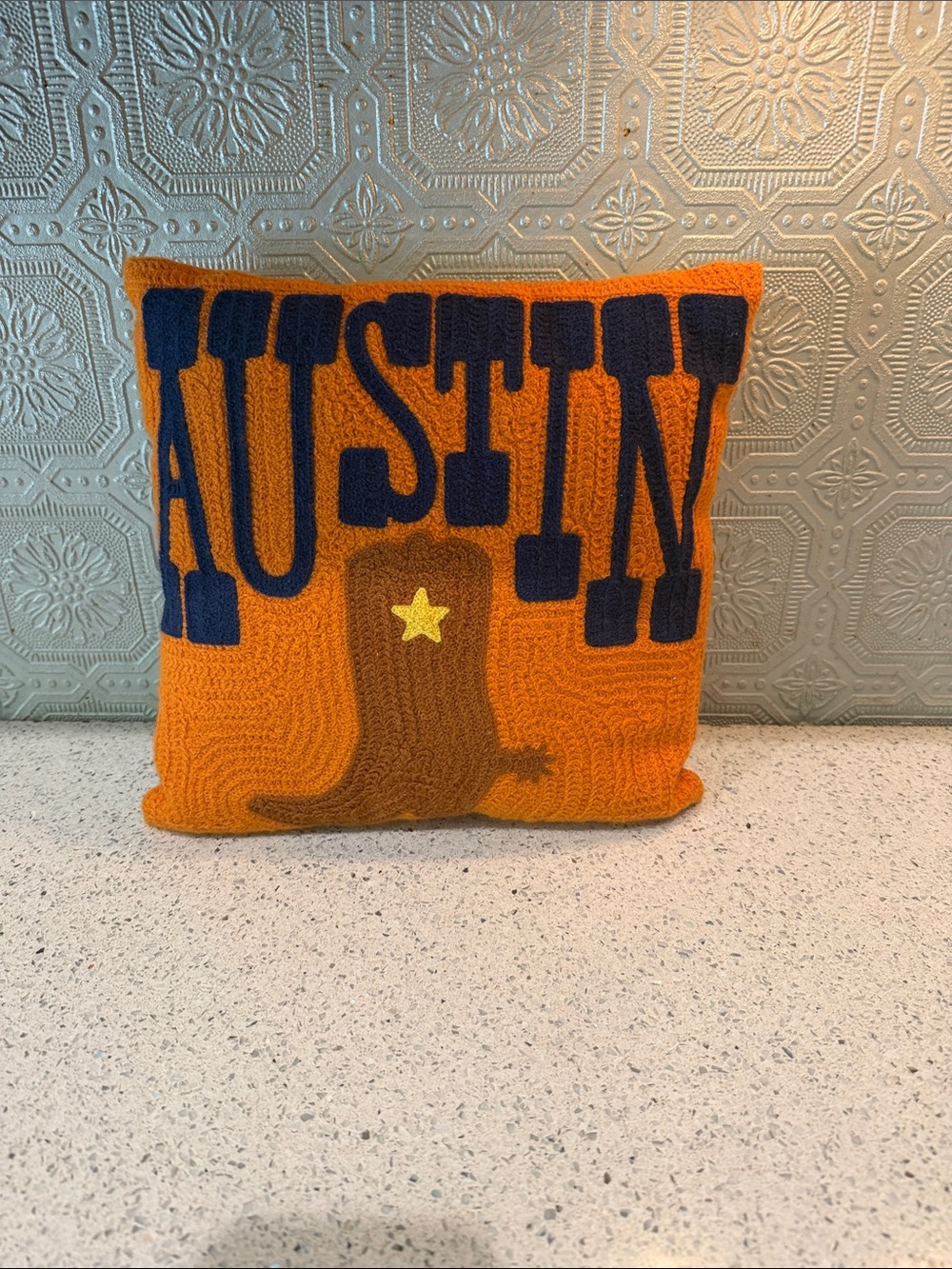Pottery Barn Crewel Embroidered Austin Texas Accent Pillow Cowboy Boot